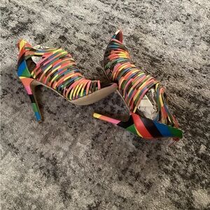 Liliana multi striped peep toe booties